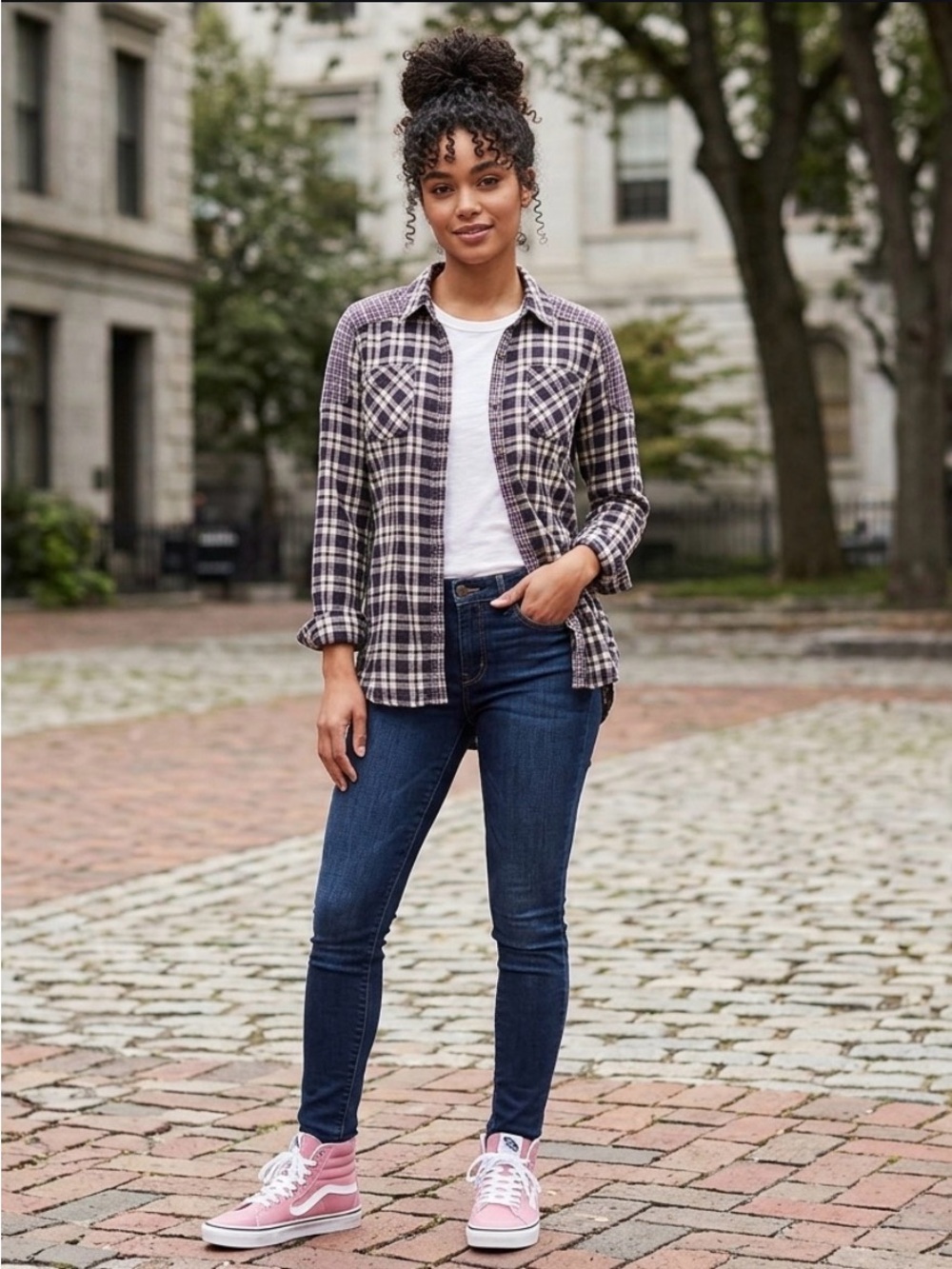 Free People Plaid Flannel Shirt in Black & Cream